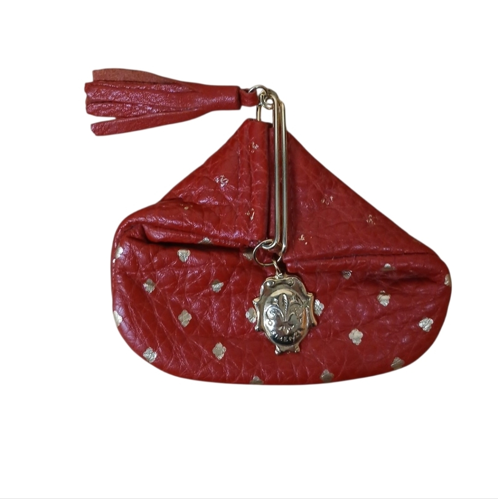 Vintage Leather Red Coin Small Accessory Pouch with Gold Fleur-de-Lis Accent
